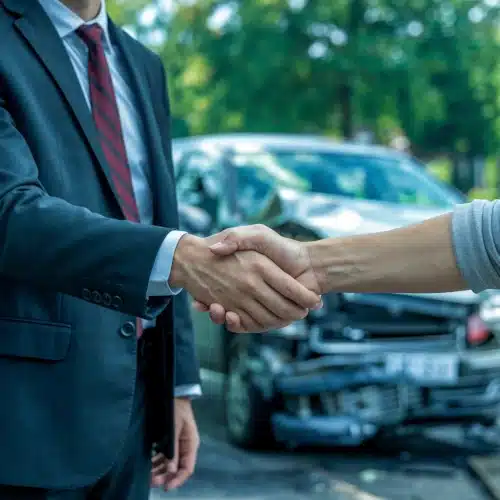 Columbus Car Accident Attorney Helping Client Attorney in a suit shaking hands with a client, offering support and legal assistance after a car accident in Columbus.