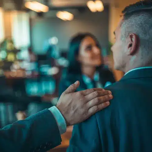 Client Support and Empathy A lawyer's hand on a client's shoulder, symbolizing empathy and support during legal proceedings.