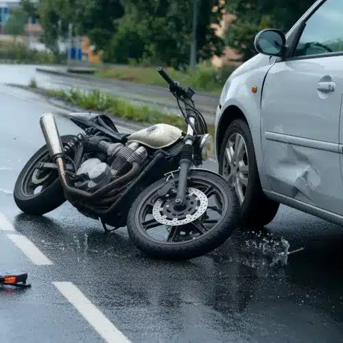 Motorcycle Crash Personal Injury Representation Damaged motorcycle lying next to a dented car after a collision on a wet road, symbolizing a motorcycle crash scenario for personal injury claims.