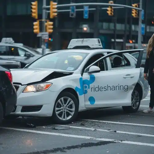 Ridesharing Accident Claims Representation A ridesharing vehicle involved in a minor collision at a busy urban intersection, representing legal and insurance challenges in ridesharing accident claims.