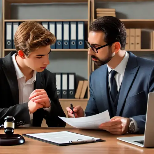 Consulting a Car Accident Lawyer – Get Legal Help After an Accident A concerned client consulting with a car accident lawyer in a professional office. The lawyer, dressed in a suit, reviews legal documents while the client listens attentively. The hands are naturally positioned, emphasizing a professional and supportive legal consultation setting.
