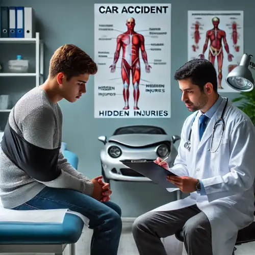 Medical Consultation After a Car Accident – Get Checked for Hidden Injuries A concerned patient consulting with a doctor in a medical office after a car accident. The doctor, wearing a white coat and stethoscope, reviews medical records while discussing potential hidden injuries. Anatomical charts and medical equipment are visible in the background, emphasizing the importance of seeking medical care after an accident.