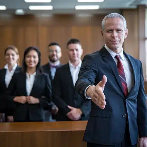Experienced Truck Accident Lawyers Offering Legal Support Professional team of attorneys in a courtroom, with the lead lawyer extending a handshake, symbolizing trust and partnership.
