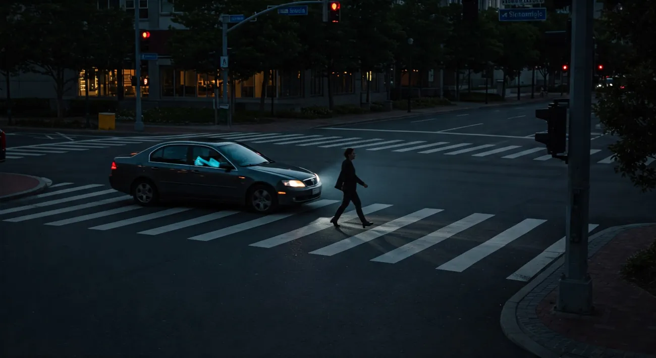 olumbus pedestrian in crosswalk at night, car approaching, illustrating distracted driving danger