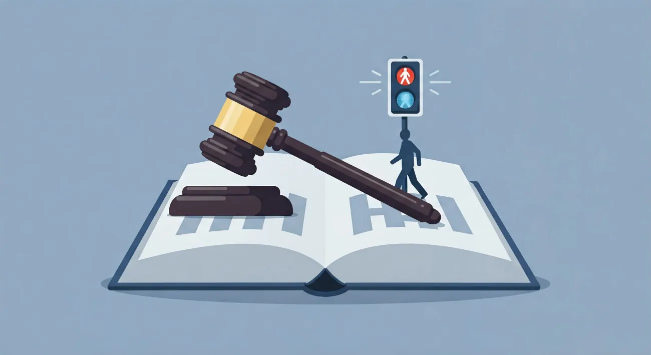 Illustration representing Ohio pedestrian laws: law book, gavel, and pedestrian crossing signal